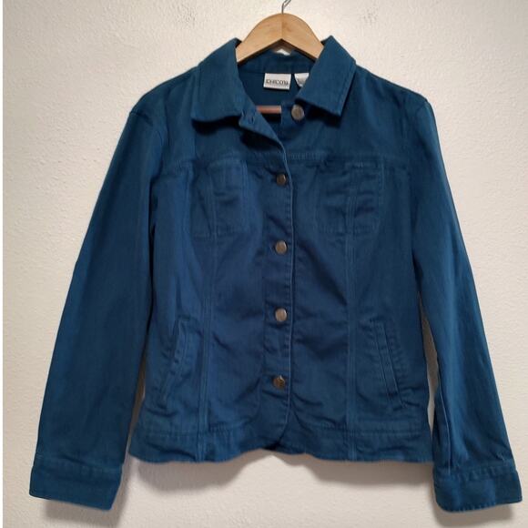Chico's Jackets & Blazers - Chicos Size 2 Turquoise Blue Embroidered Long Sleeve Button Front Denim Jacket